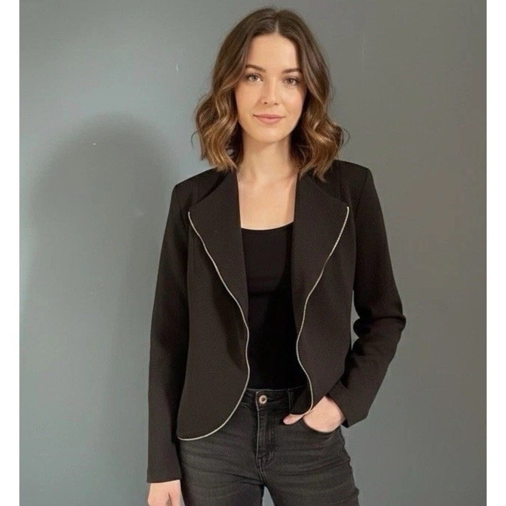 Kaii Women's Black Textured Blazer Jacket Waterfall‎ Lapel Open Front Size M